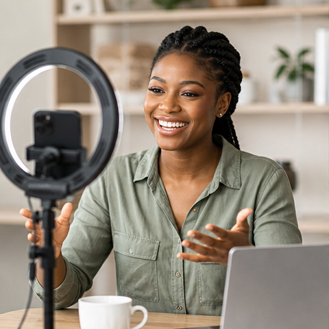 Creator filming with a ring light