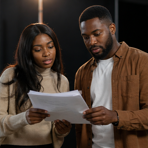 Two creators reviewing a script together