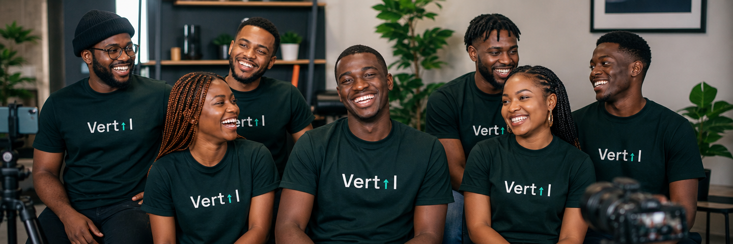 Vertil creators together, wearing Vertil t-shirts, filming content